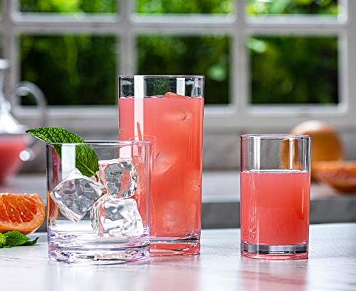 כוסות שתייה אקריליות [סט של 18] סט כלי זכוכית כולל כוסות הייבול של 6-17 עוז, כוסות סלעים של 6-13 עוז, כוסות מיץ של
